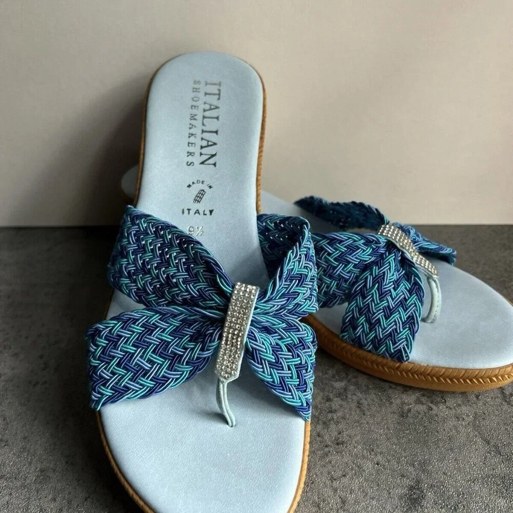 Italian Shoemakers Mixed Blue Rhinestone Sparkle Thong Wedge Sandals Size 9.5 M - Picture 15 of 16